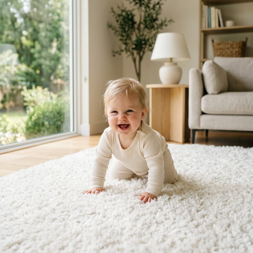 Segurança para bebês em tapetes higienizados Bebê brincando em ambiente seguro e higienizado
