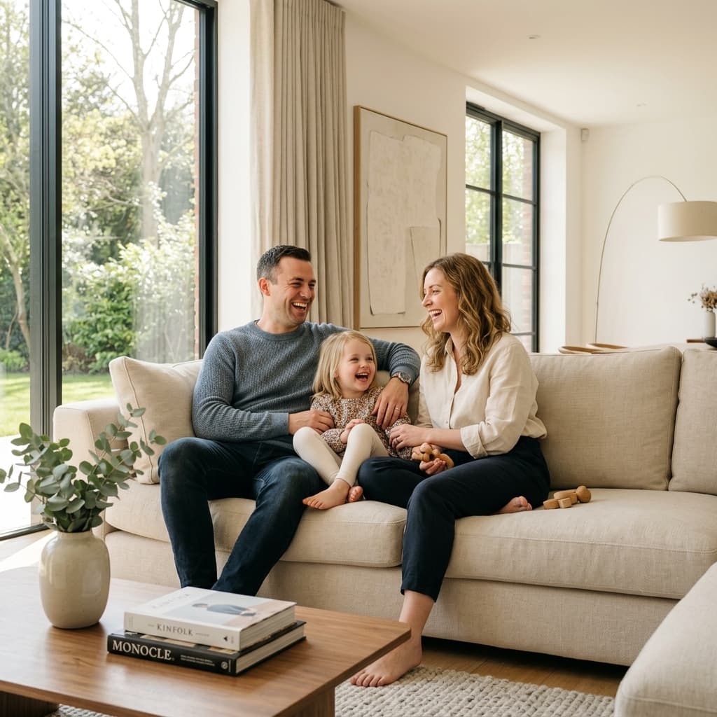 Conforto e saúde para sua família Família feliz em sofá limpo - Clean Lourenço